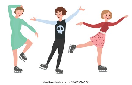 Set of different male and female characters figure skating in different action poses. Vector illustration in a flat cartoon style.