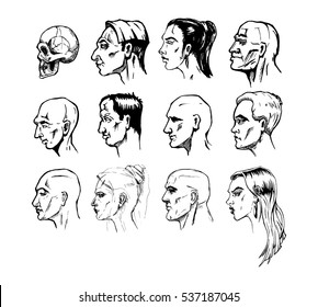Set of different male and female faces. Vector illustration in ink hand drawn style. Profile view.