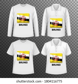 Set of different male shirts with Brunei flag screen on shirts isolated illustration