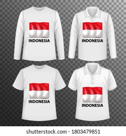 Set of different male shirts with Indonesia flag screen on shirts isolated illustration