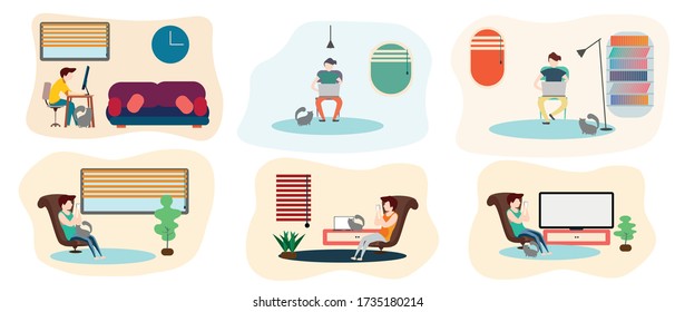 Set of different a man with cat spend time working and stay at home during quarantine. 