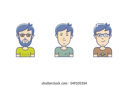 Set of different man face expressions. Icon set of vector linear boy avatar