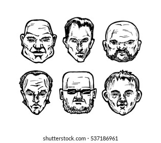 Set of different man's faces. Vector illustration in ink hand drawn style. full face view.