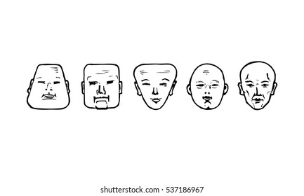 Set of different man's faces. Vector illustration in ink hand drawn style. full face view.