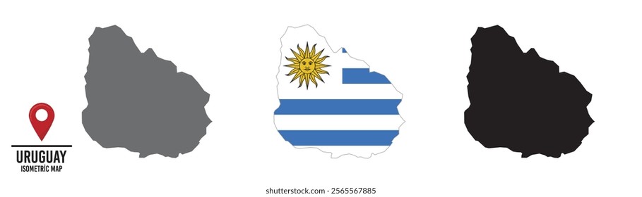 Set of different maps with national flags of Uruguay.