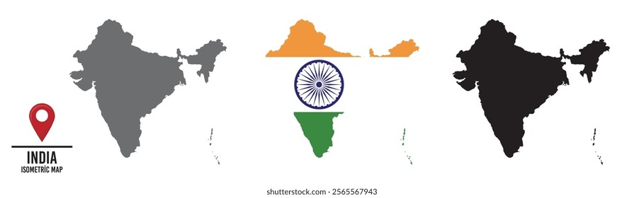 Set of different maps with national flags of India.