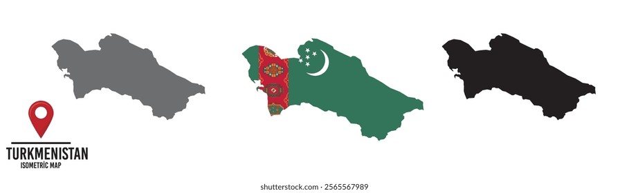 Set of different maps with national flags of Turkmenistan.