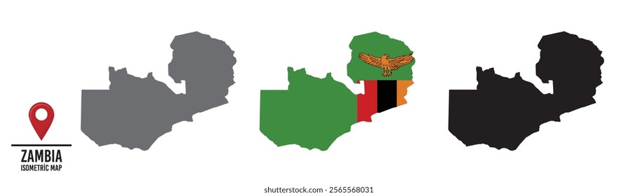 Set of different maps with national flags of Zambia.