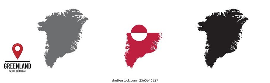 Set of different maps with national flags of Greenland.