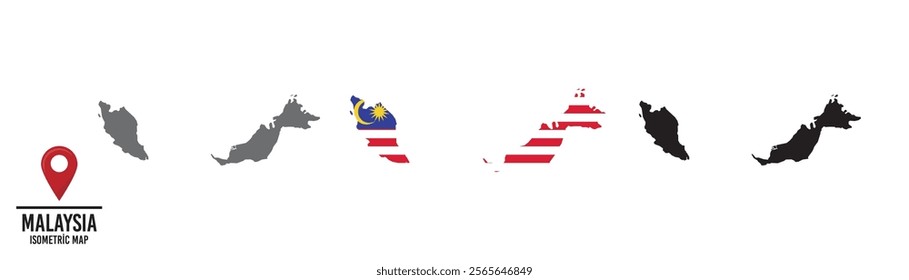 Set of different maps with national flags of Malaysia.