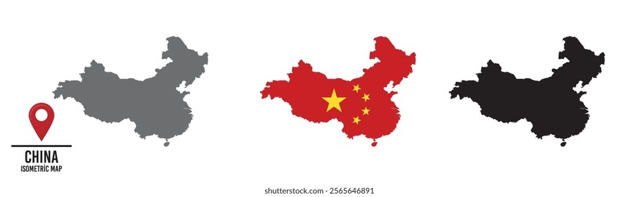 Set of different maps with national flags of China.