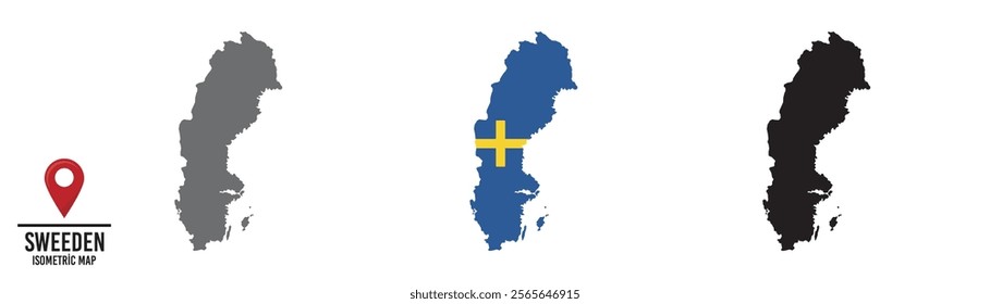Set of different maps with national flags of Sweeden.