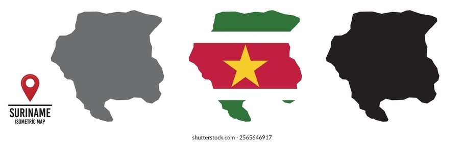 Set of different maps with national flags of Suriname.