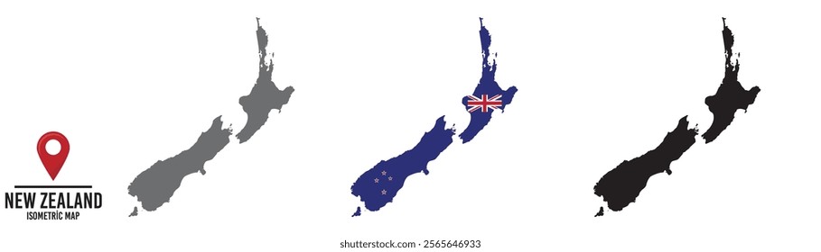 Set of different maps with national flags of New Zealand.