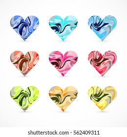Set of different marble hearts. Beautiful colorful hearts. Vector illustration for your graphic design.