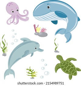 set of different marine inhabitants