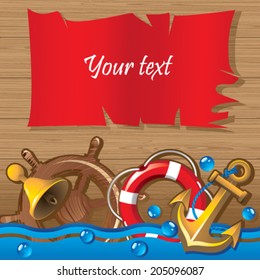 Set of different marine items on background wooden boards with space for your text.
