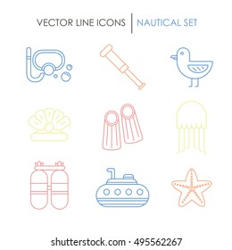 Set of different maritime icons. Can be used in infographic, web applications and web-sites Made in vector in line style. 