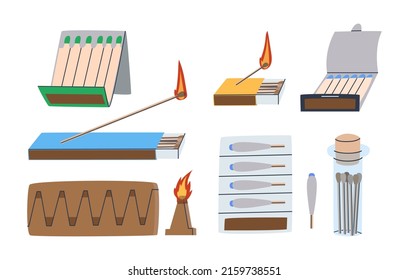 A Set Of Different Matches For Use In Wind, Rain, Snowfall. Tourist And Camping Matches. Matches For The Fireplace. Flat Illustration. Eps10