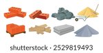 Set of different materials for construction in a cartoon style.Vector illustration of a pile of bricks, boards, stones, slabs,piles of sand, cement, shovel, wheelbarrow isolated on a white background.