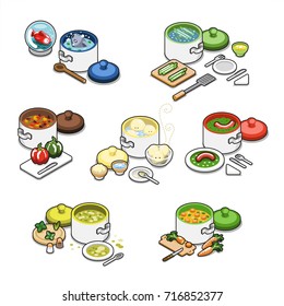Set of different meals cooking in pots with ingredients and kitchenware, such as fish, asparagus, bell-pepper, dumplings, sausage, soup and carrots (isometric items collection)