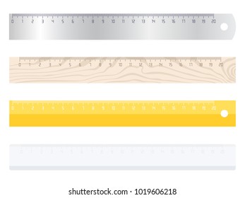 Set of different measuring rulers. Plastic, wooden and metal rulers isolated on white background. Vector illustration