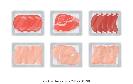 Set of different meat concept. Chicken, sausages and beef under glass. Shop showcase with natural and organic fresh products. Cartoon flat vector collection isolated on white background