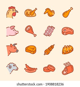 Set of different meat products color outline icons. Vector illustration.