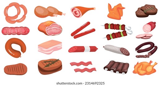 Set of different meat products on white background