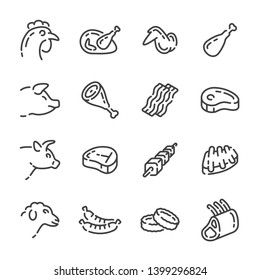 Set of different meat products outline icons. Vector illustration.