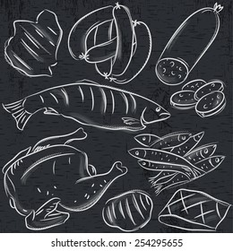 set of different meats on blackboard , vector