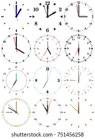 A set of different mechanical clocks with an image of each of the twelve hours. Clock face on white background.
