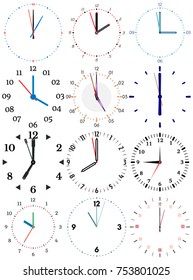 A set of different mechanical clocks with an image of each of the twelve hours. Clock face on white background.
