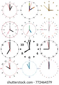 A set of different mechanical clocks with an image of each of the twelve hours. Clock face on white background.
