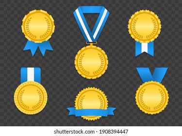 Set of different medals with blue ribbons, vector eps10 illustration