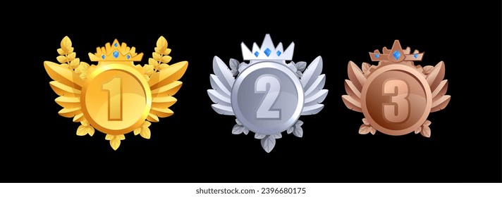 Set of different medals for online games flat style, vector illustration isolated on black background. Decorative design elements collection, golden, silver and bronze medals