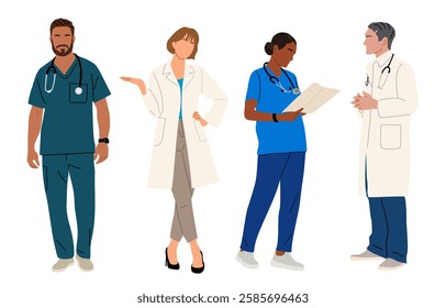 Set of different medic workers, doctors, nurses, paramedics in uniform scrubs, white lab coats. Flat vector illustrations isolated on white background