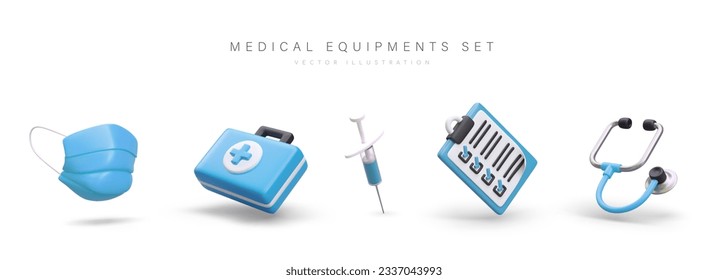 Set of different medical equipment. 3d realistic protective mask, box with medical aid, syringe, clipboard and stethoscope. Online medical store. Vector illustration in blue colors