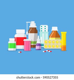 Set of different medical flat bottle style. Icons tablets, drugs, capsules, pills in packages and without. Pharmacology and Pharmacy. 