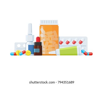 Set of different medical flat bottle style. Icons tablets, drugs, capsules, pills in packages and without. Pharmacology and Pharmacy.