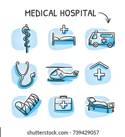 Set of different medical icons as ambulance, helicopter, hospital, stethoscope, first aid kit, bed on blue tiles. Hand drawn cartoon sketch vector illustration, marker style coloring. 