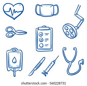 Set Of Different Medical Icons, For Surgery Info Graphics. Hand Drawn Line Art Cartoon Vector Illustration.