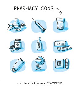 Set of different medical icons, various drugs and medications on  blue tiles. Hand drawn cartoon sketch vector illustration, marker style coloring.