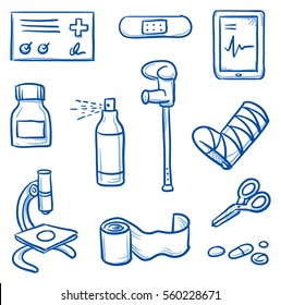 Set of different medical icons of wound care and treatments for medical infographics. Hand drawn line art cartoon vector illustration. 