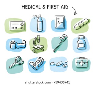 Set of different medical icons of wound care and treatments for medical info graphics on green and blue tiles. Hand drawn cartoon sketch vector illustration, marker style coloring. 