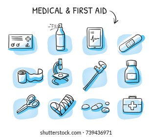 Set of different medical icons of wound care and treatments for medical info graphics on blue tiles. Hand drawn cartoon sketch vector illustration, marker style coloring. 