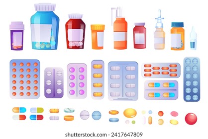 Set of different medical pills and bottles isolated on white background. Icon for Healthcare and shopping concept. Online shop pharmacy web sign. Drug store. Vector illustration in flat style