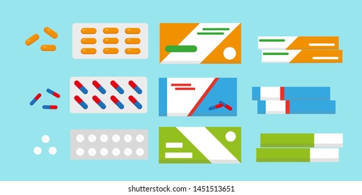 Set of different medical pills and containers for them. Vector illustration in flat style.