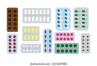 Set of different medical pills, medicine, medicaments. Vector illustration isolated on white background