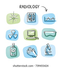 Set of different medical radiation and x-ray laboratory icons, for info graphics on blue and green tiles. Hand drawn cartoon sketch vector illustration, marker style coloring. 